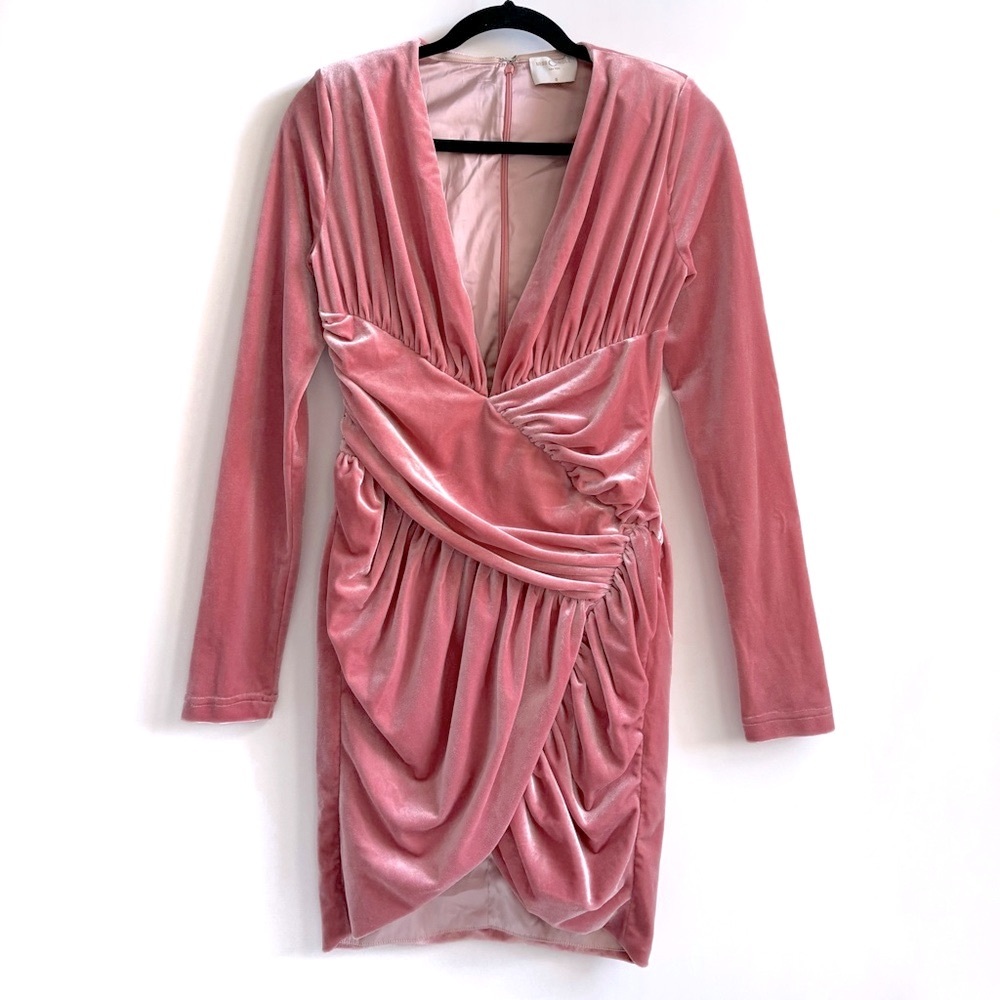 Miss Circle Velvet Velour Ruched Overlap Longsleeeve Mini Dress Salmon Pink - Picture 3 of 17